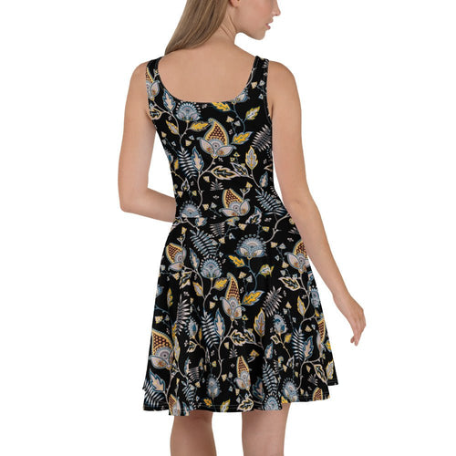 Black Botanical Print Skater Dress - Dress
