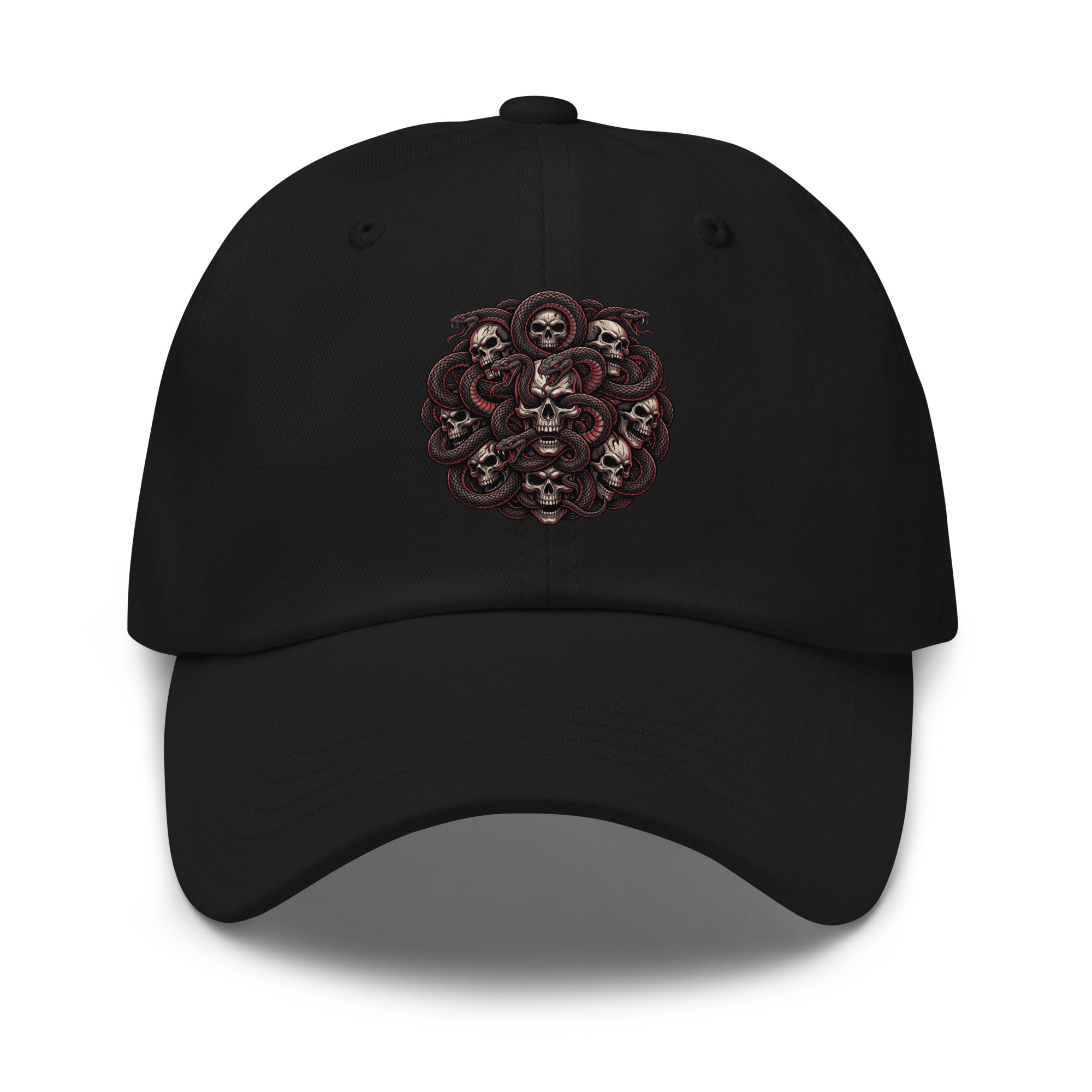 Black cap with serpents and skull design on a white background
