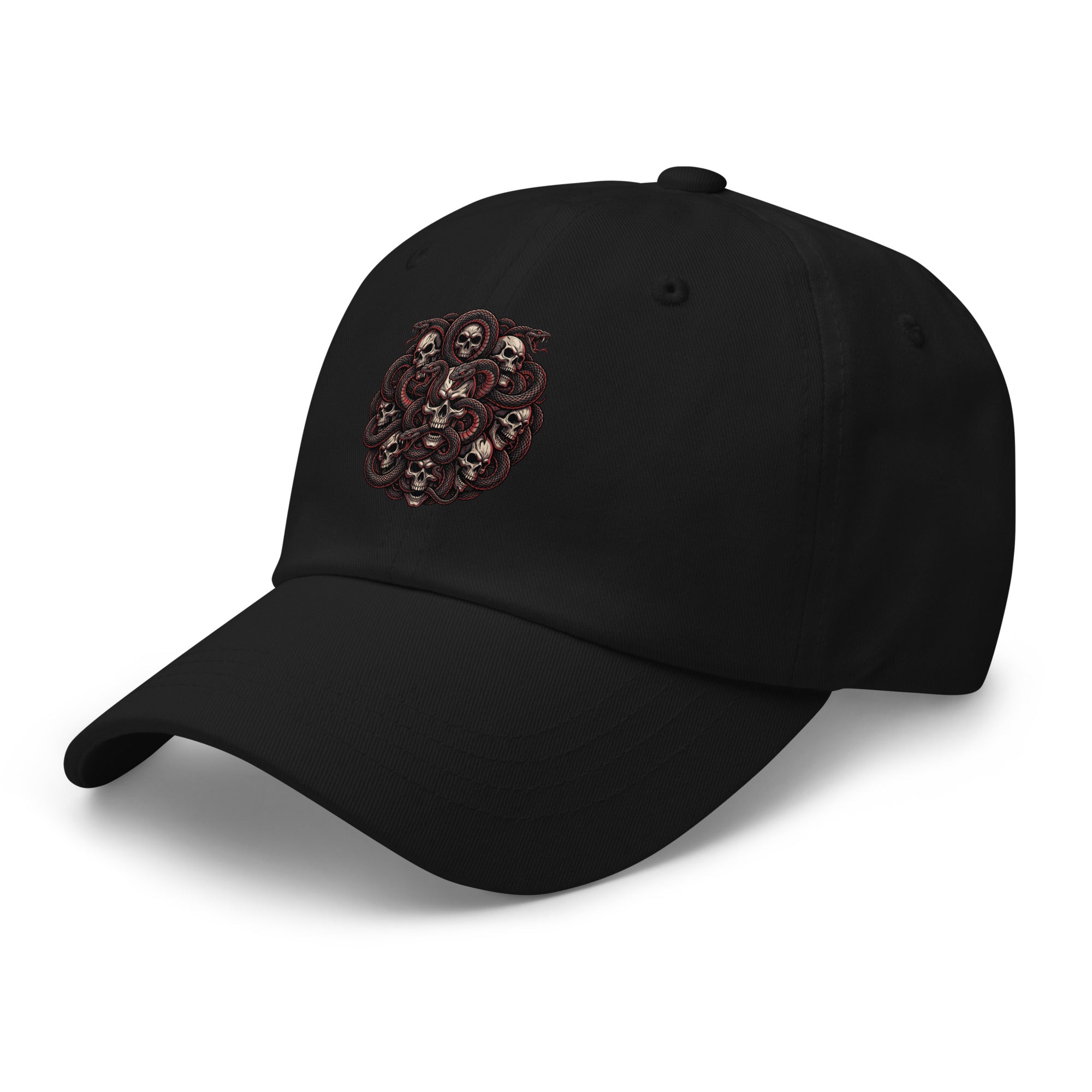 Black cap with printed logo on a white background