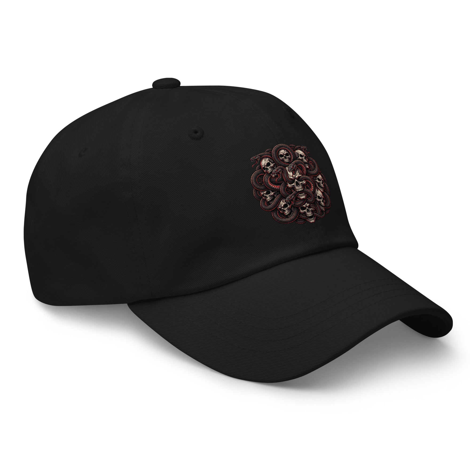 Black cap with a print design on a white background