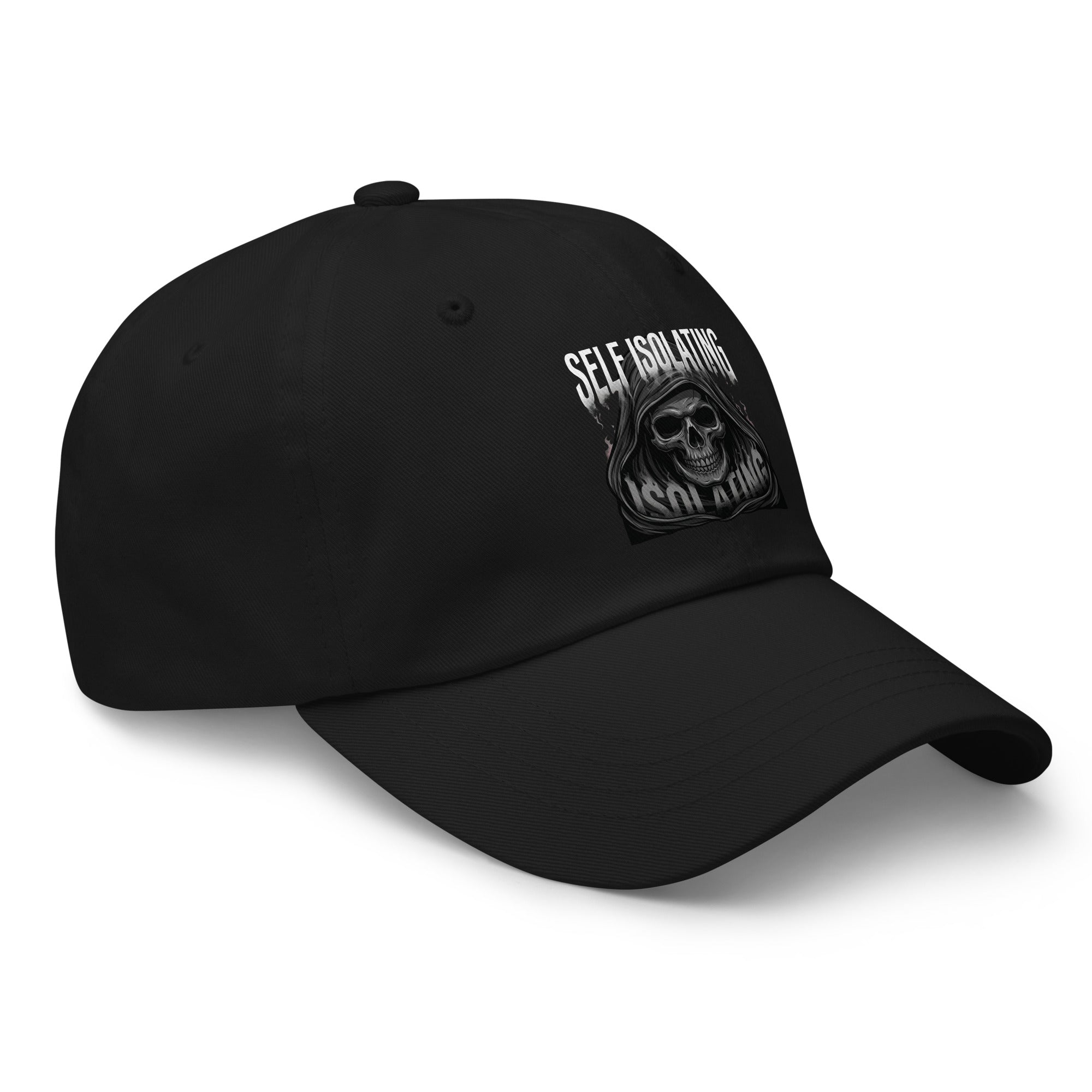 Black cap with printed logo on a white background