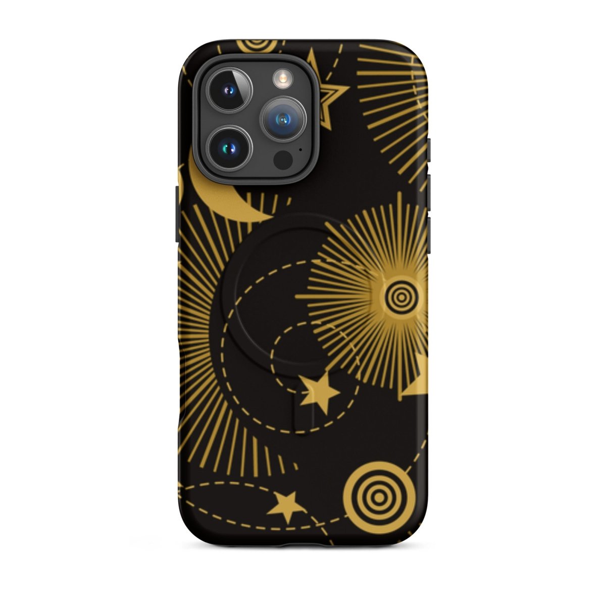 Phone case with gold celestial design on a black background