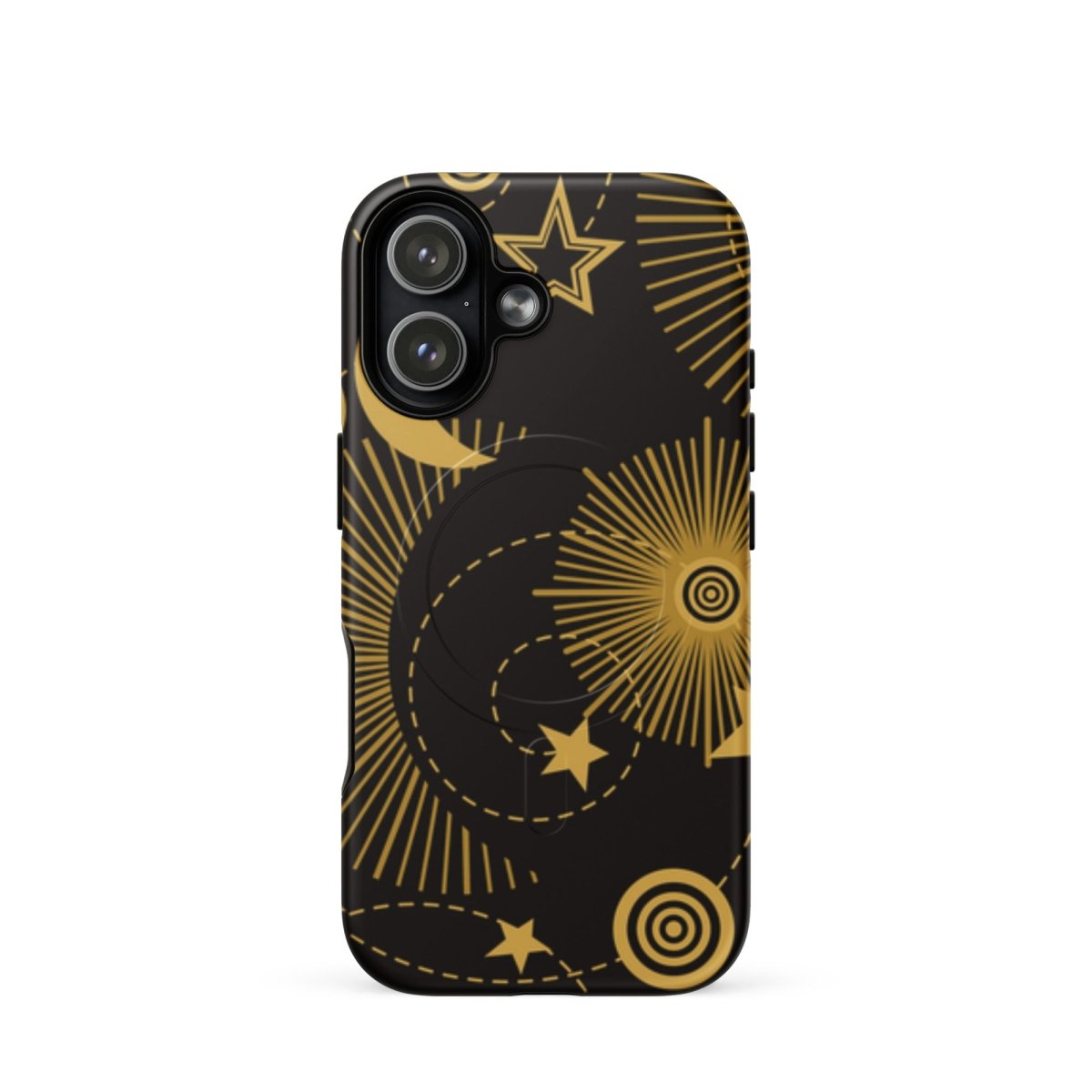 Phone case with gold celestial design on a black background