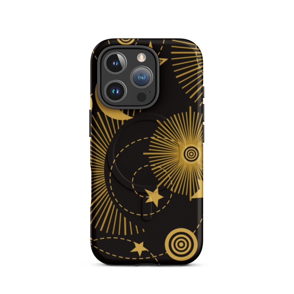 Phone case with gold celestial design on a black background