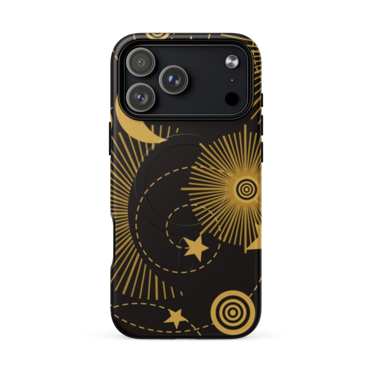 Phone case with gold celestial design on a black background