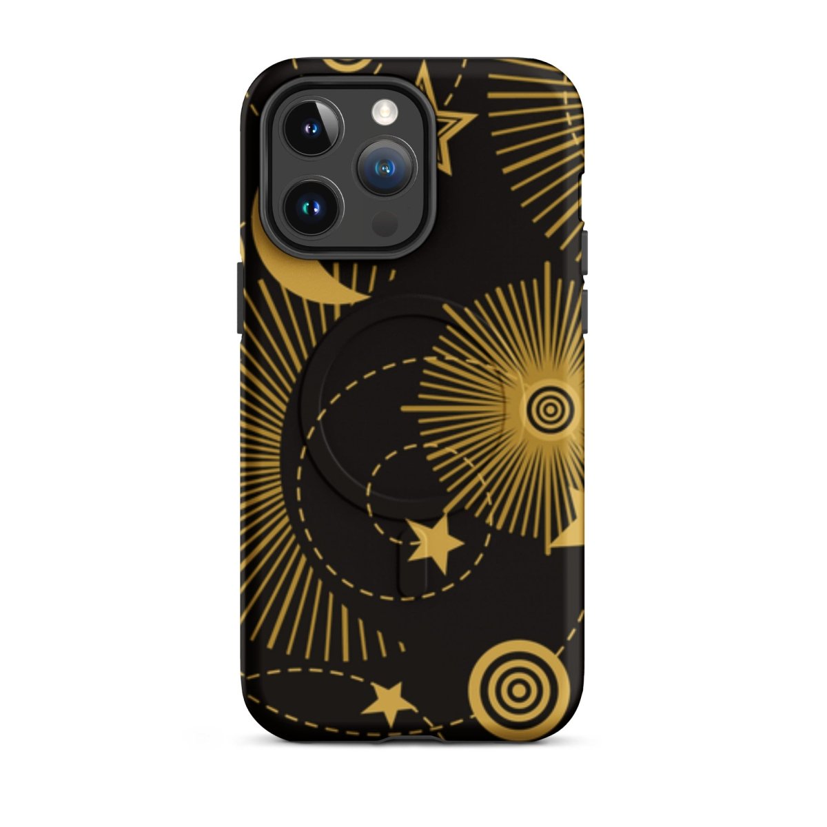 Phone case with gold celestial design on a black background