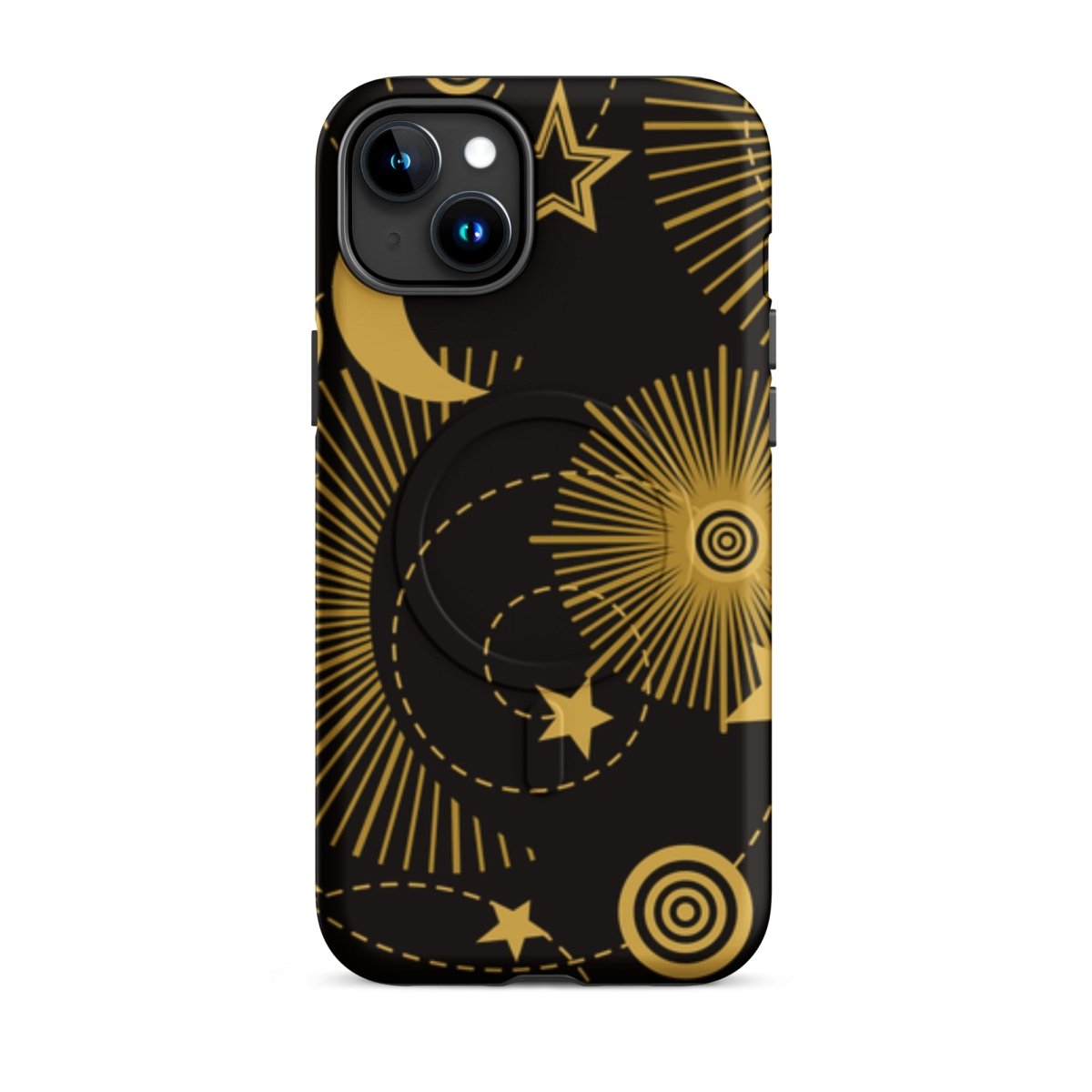 Phone case with gold celestial design on a black background