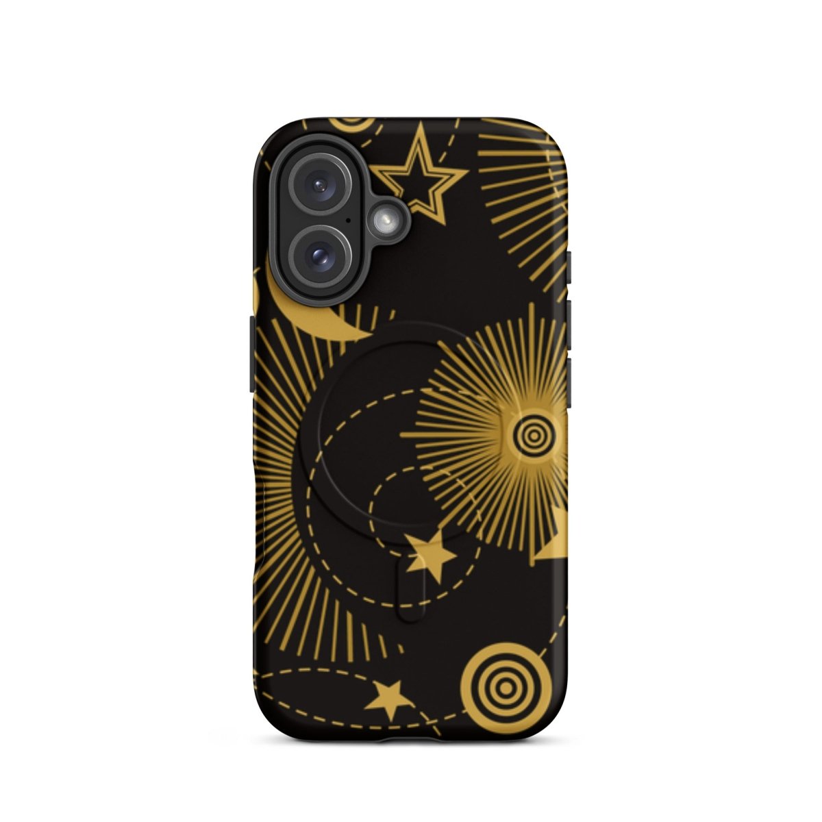 Phone case with gold celestial design on a black background