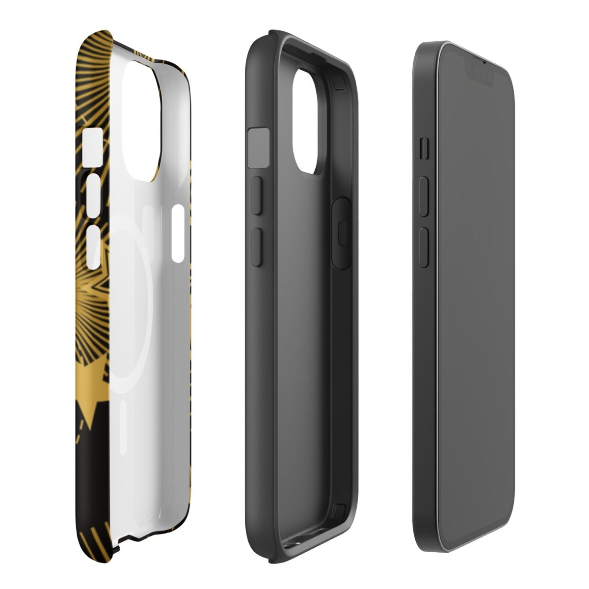 Black phone case shown from multiple angles on a white background