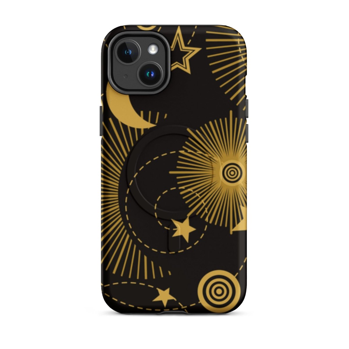 Phone case with gold celestial design on a black background