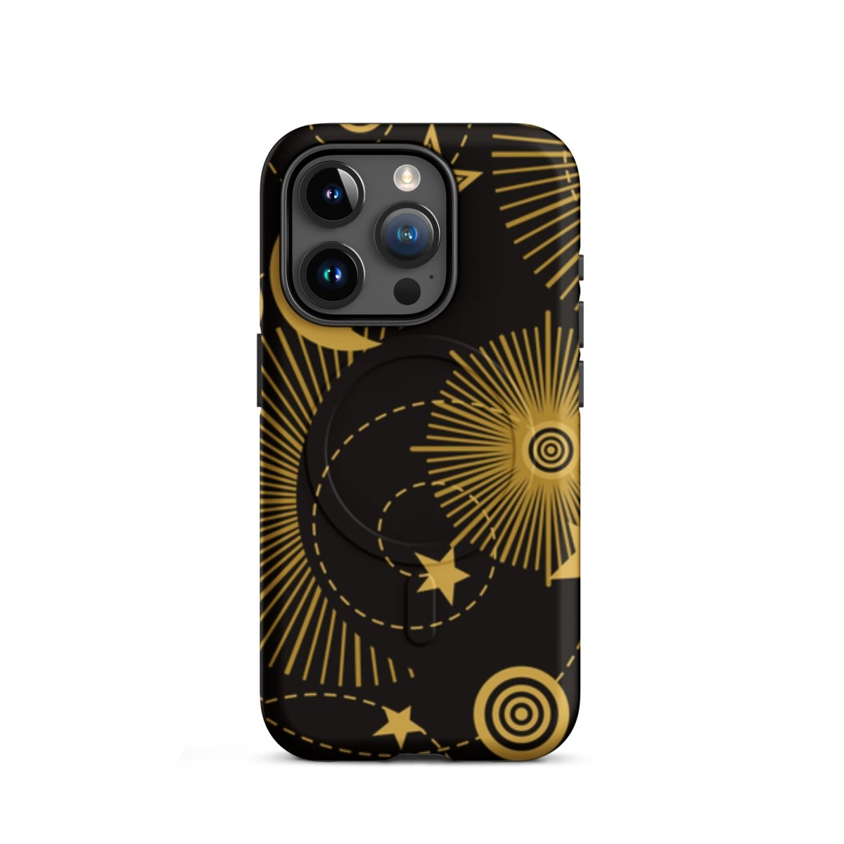 Phone case with gold celestial design on a black background