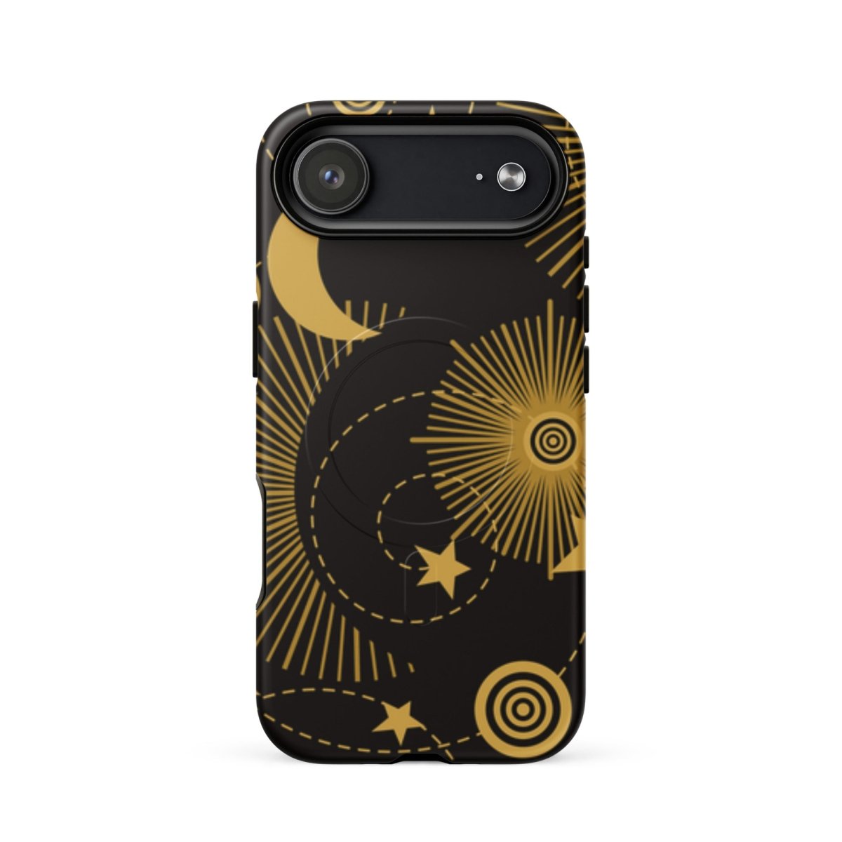 Phone case with gold celestial design on a black background