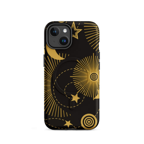 Phone case with gold celestial design on a black background