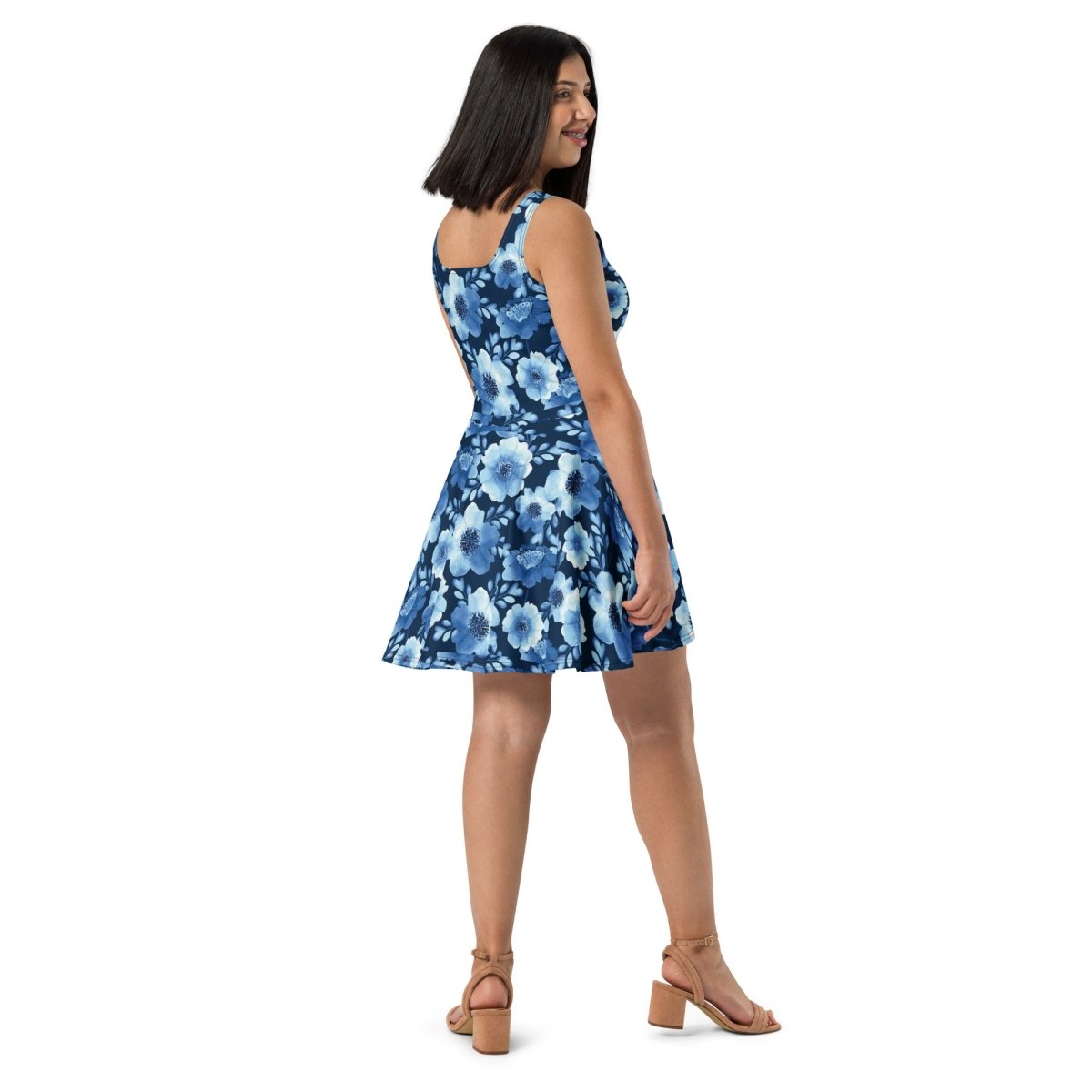 Navy Floral Print Skater Dress - Dress