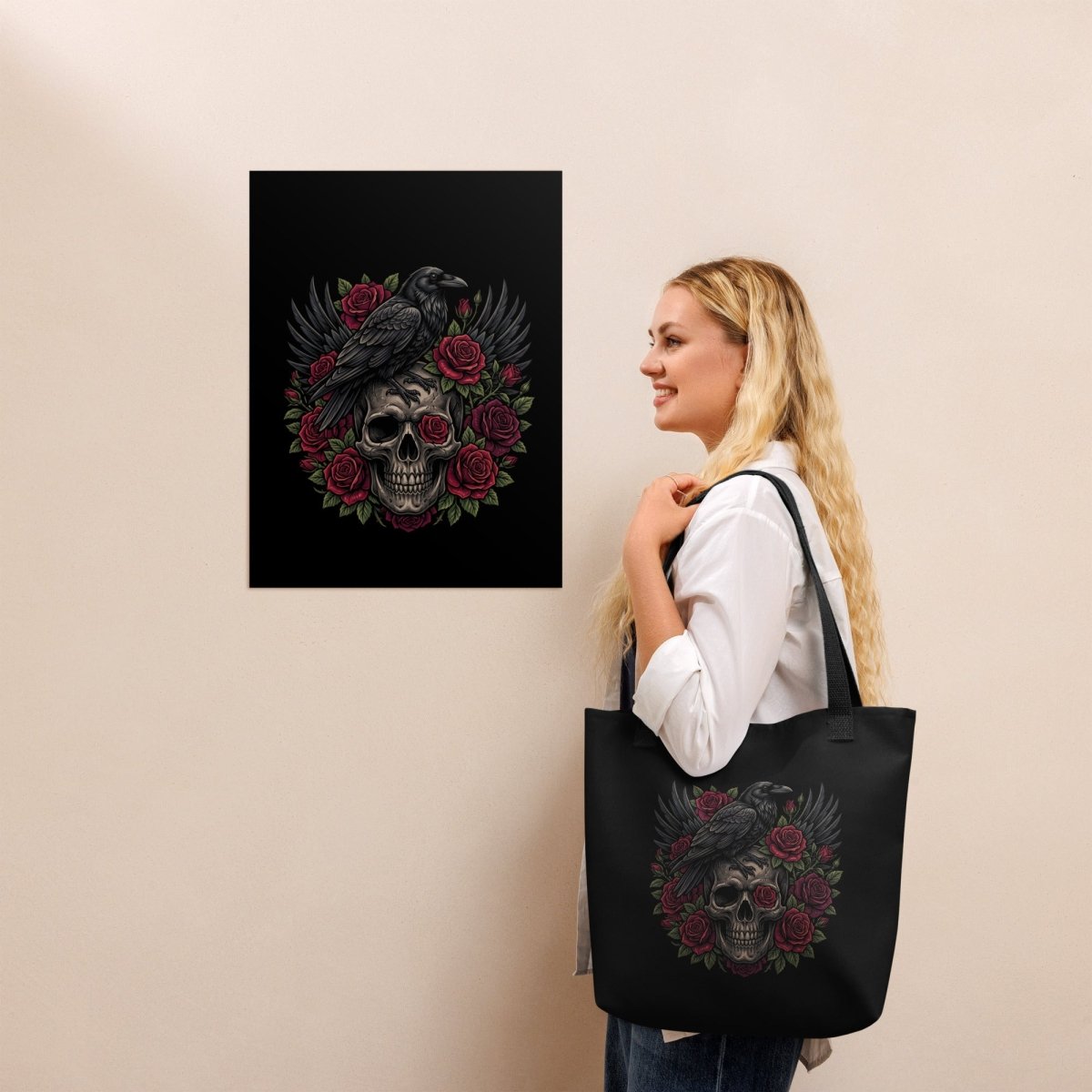 Raven & Roses Skull Tote Bag - Tote Bag