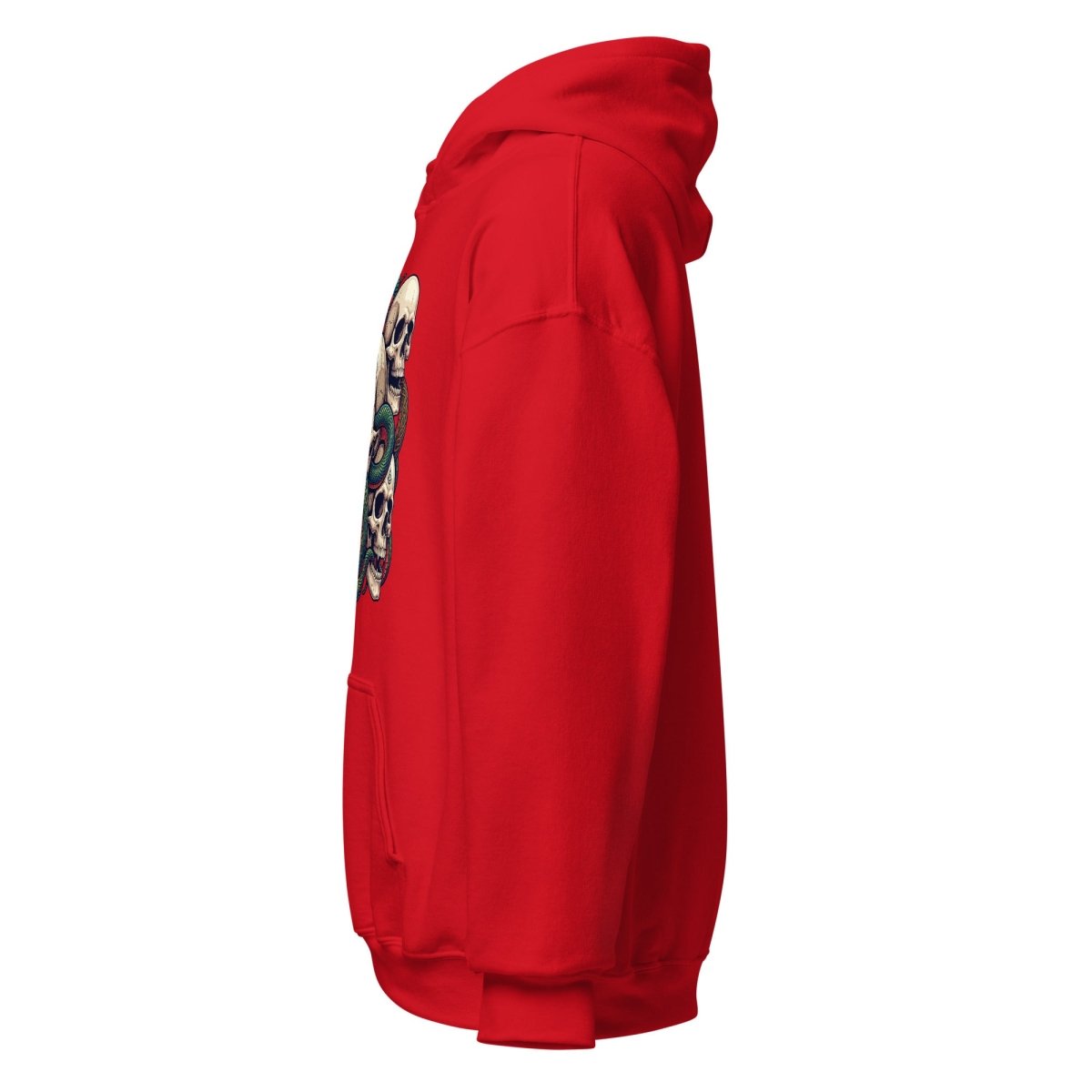 Red hoodie side profile against a white background