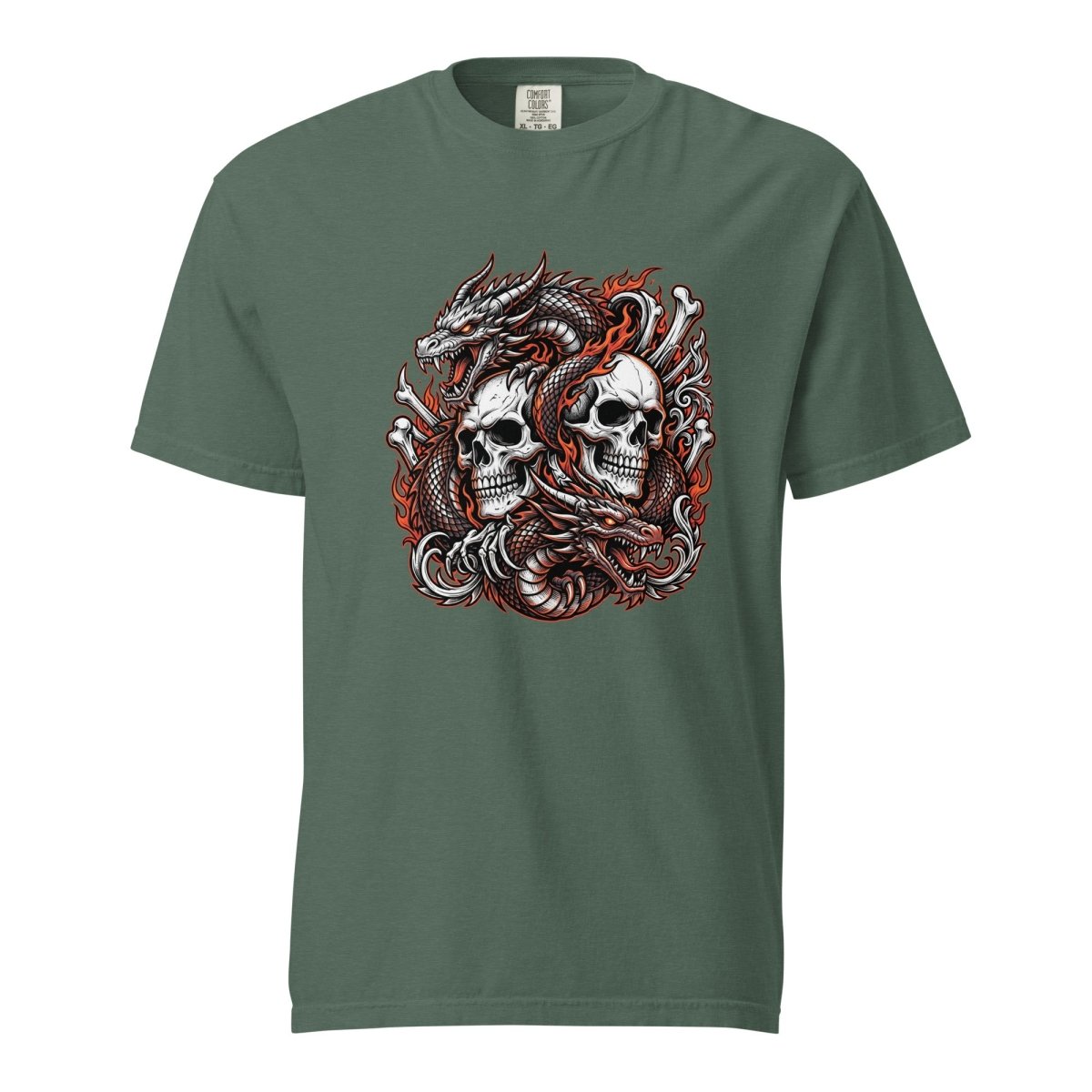 Twin Skulls Dragon Heavyweight T-Shirt - T-Shirt