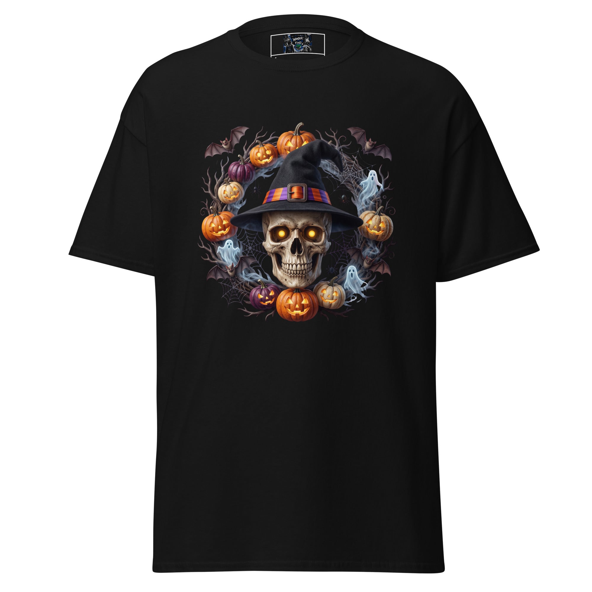A black short-sleeve crewneck t-shirt featuring a large graphic print of a skull wearing a witch hat, surrounded by pumpkins, bats, and ghosts, shown against a plain white background.