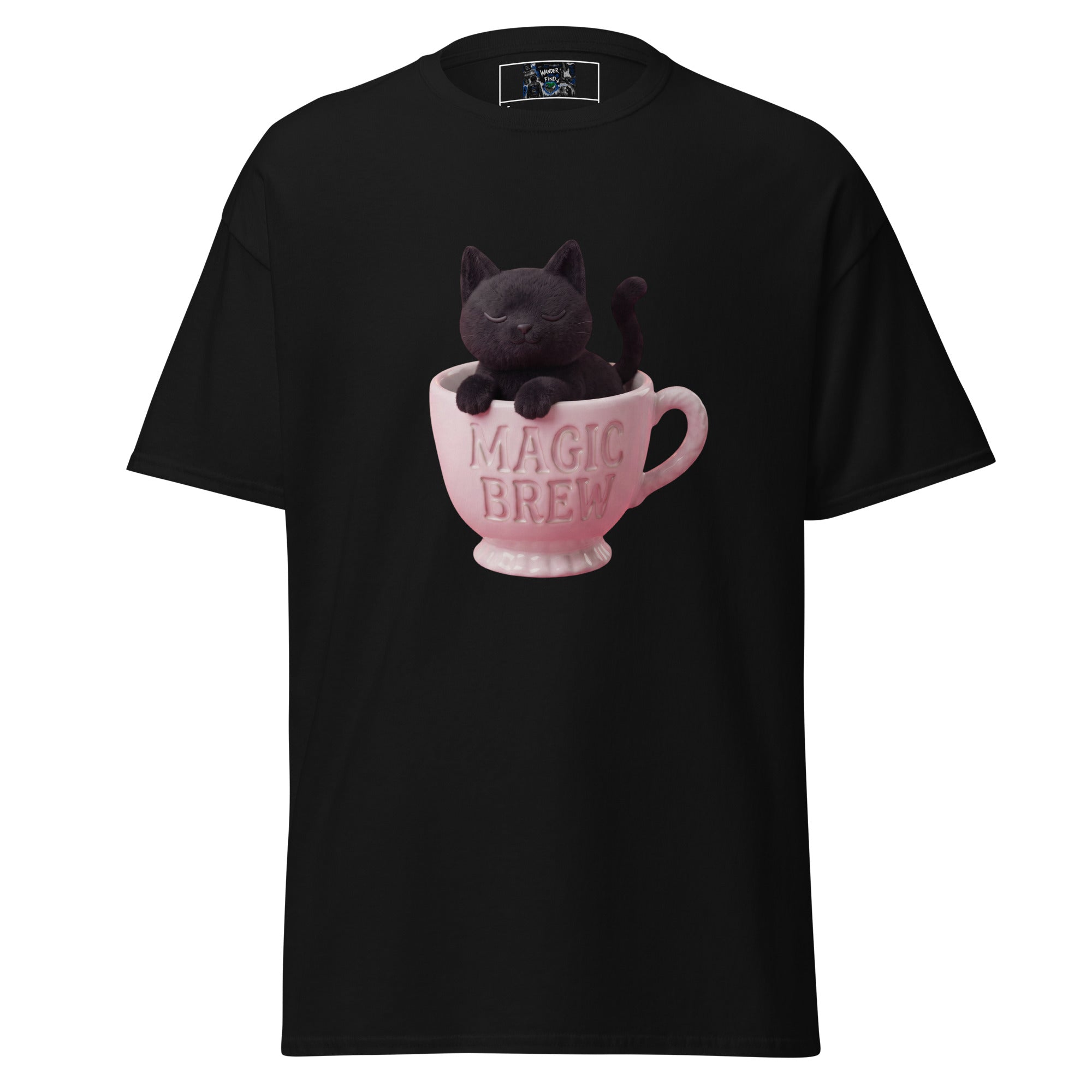 A black short-sleeve t-shirt featuring a graphic of a black cat sitting inside a pink teacup with the words 'MAGIC BREW' printed on the front.