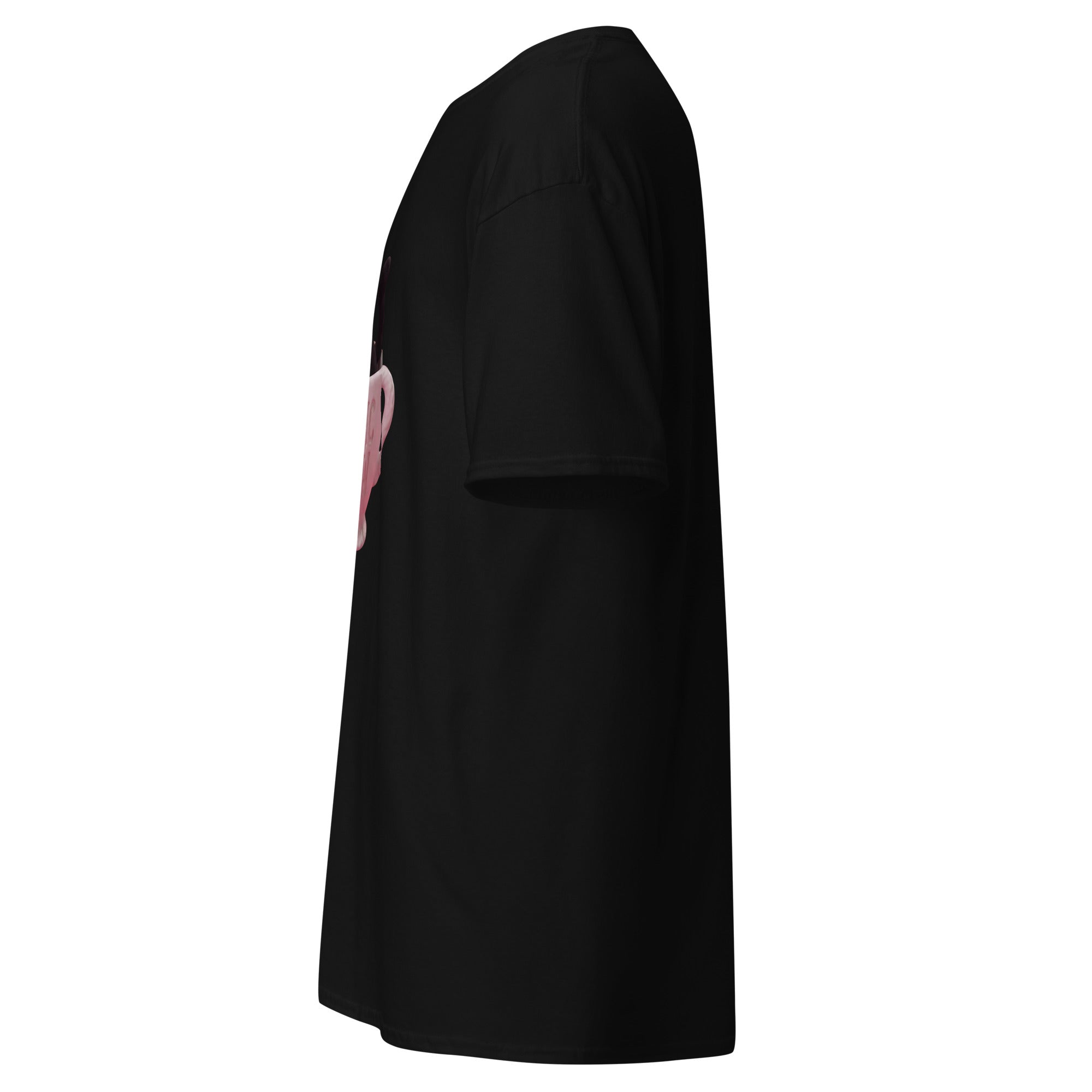 Black t-shirt with graphic designs on sleeves against a white background