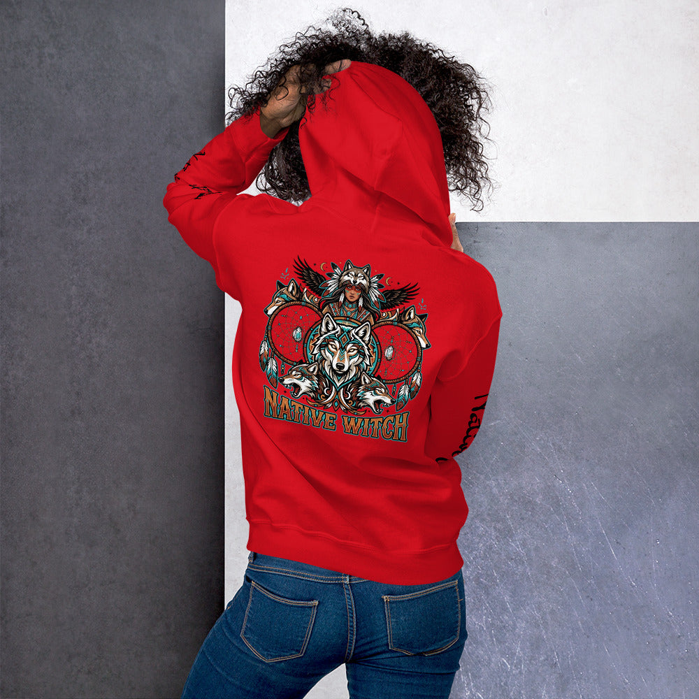 Person wearing a red hoodie with a wolf design and 'Native Watch' text on the back, standing against a gray and white background.