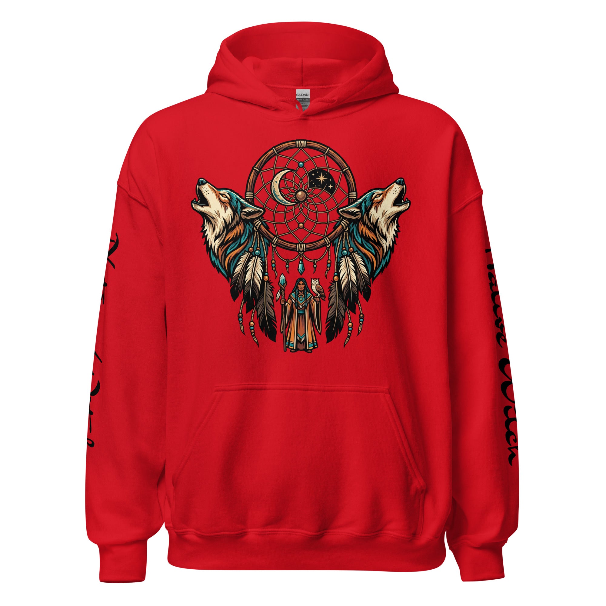Red hoodie with wolf and dreamcatcher design on a white background