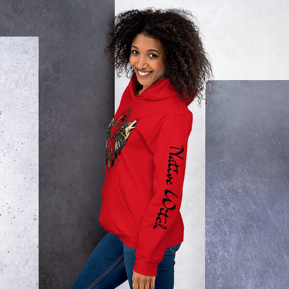 Woman wearing a red hoodie with colorful graphics against a gray and white background
