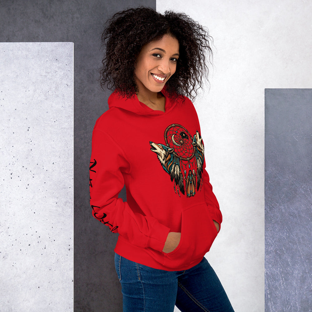 Woman wearing a red hoodie with a wolf and moon design against a gray and white background