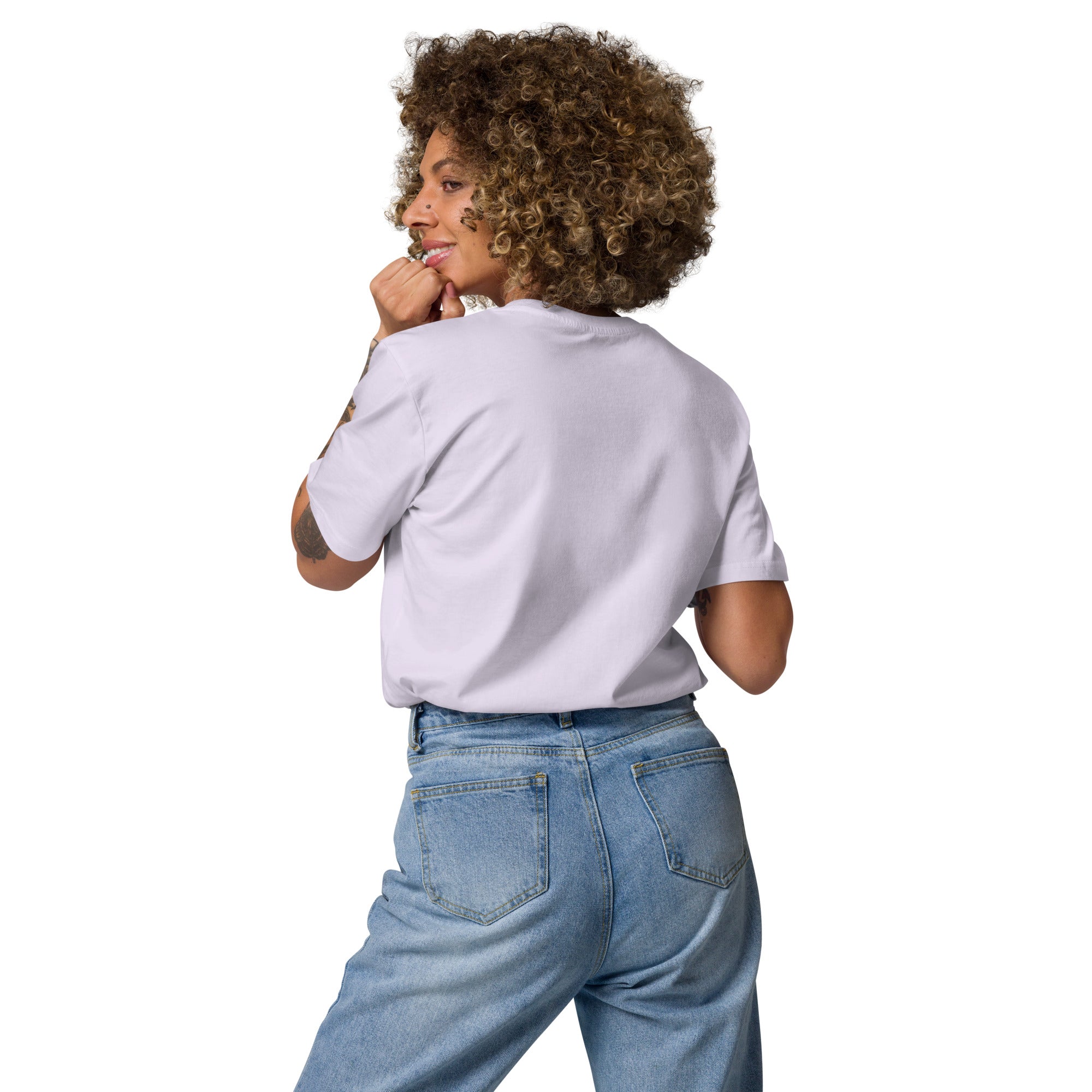 Person wearing a light purple shirt and blue jeans on a white background