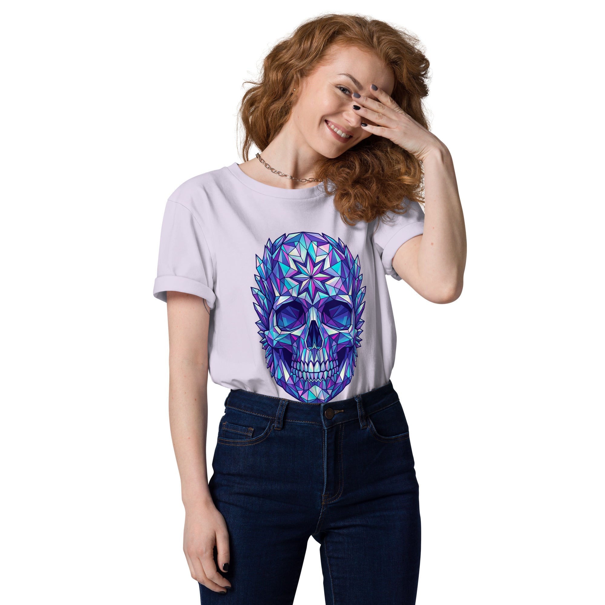 Person wearing a white t-shirt with a colorful skull design on a white background